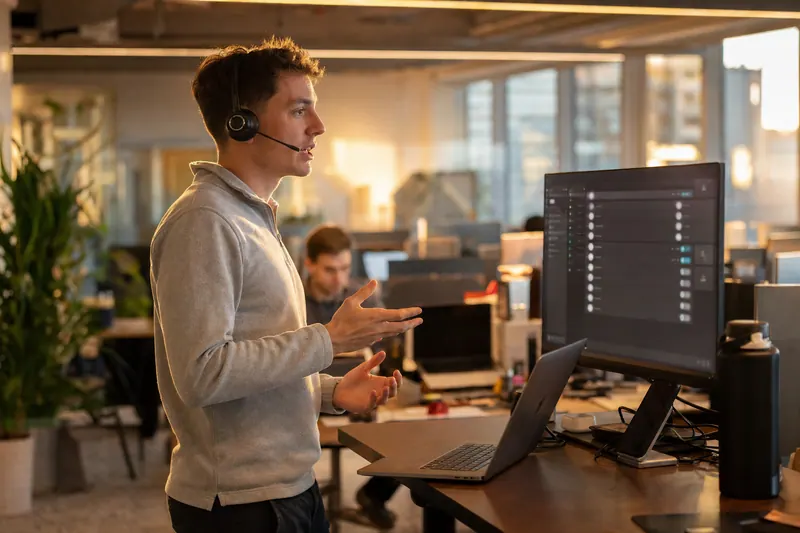 An SDR standing at his desk mid-call, gesturing as he talks