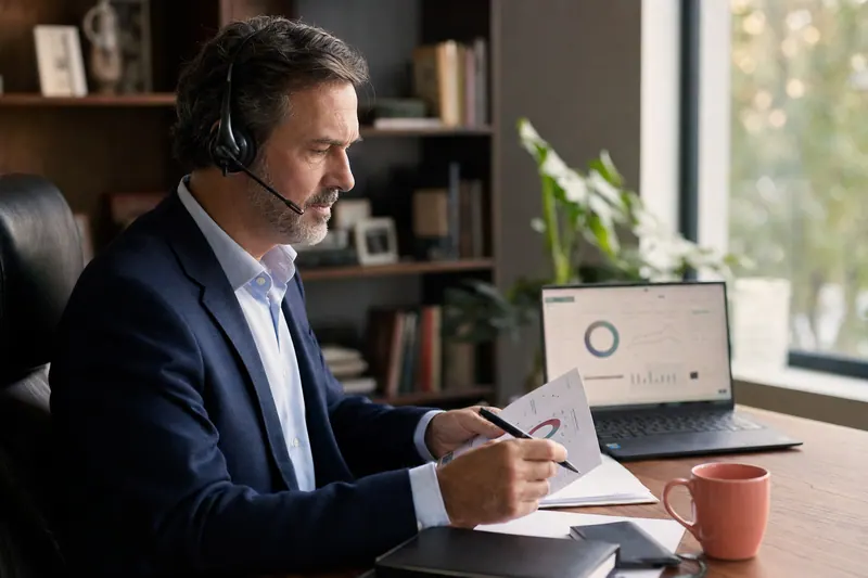 An advisor on a headset call reviewing a printed summary