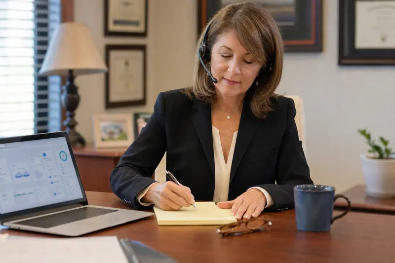 An insurance agent taking notes on a pad during a headset call