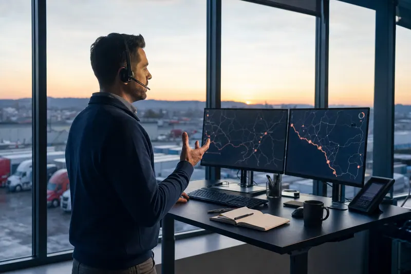 A freight broker on a headset call at a standing desk overlooking a truck yard