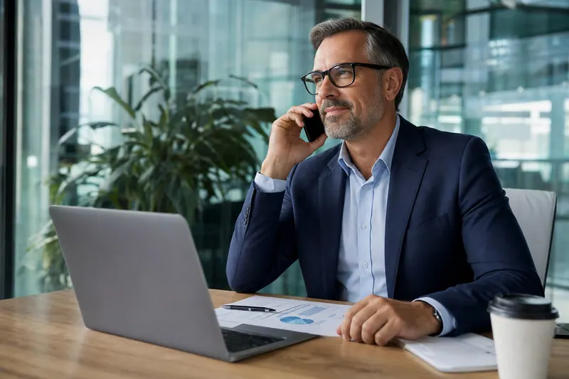 A loan officer on a headset call beside her laptop