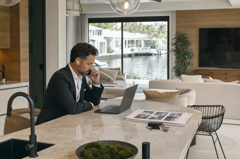 An agent on a call at the kitchen island of a staged waterfront home