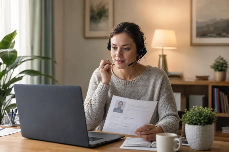 A recruiter on a headset call holding a printed resume