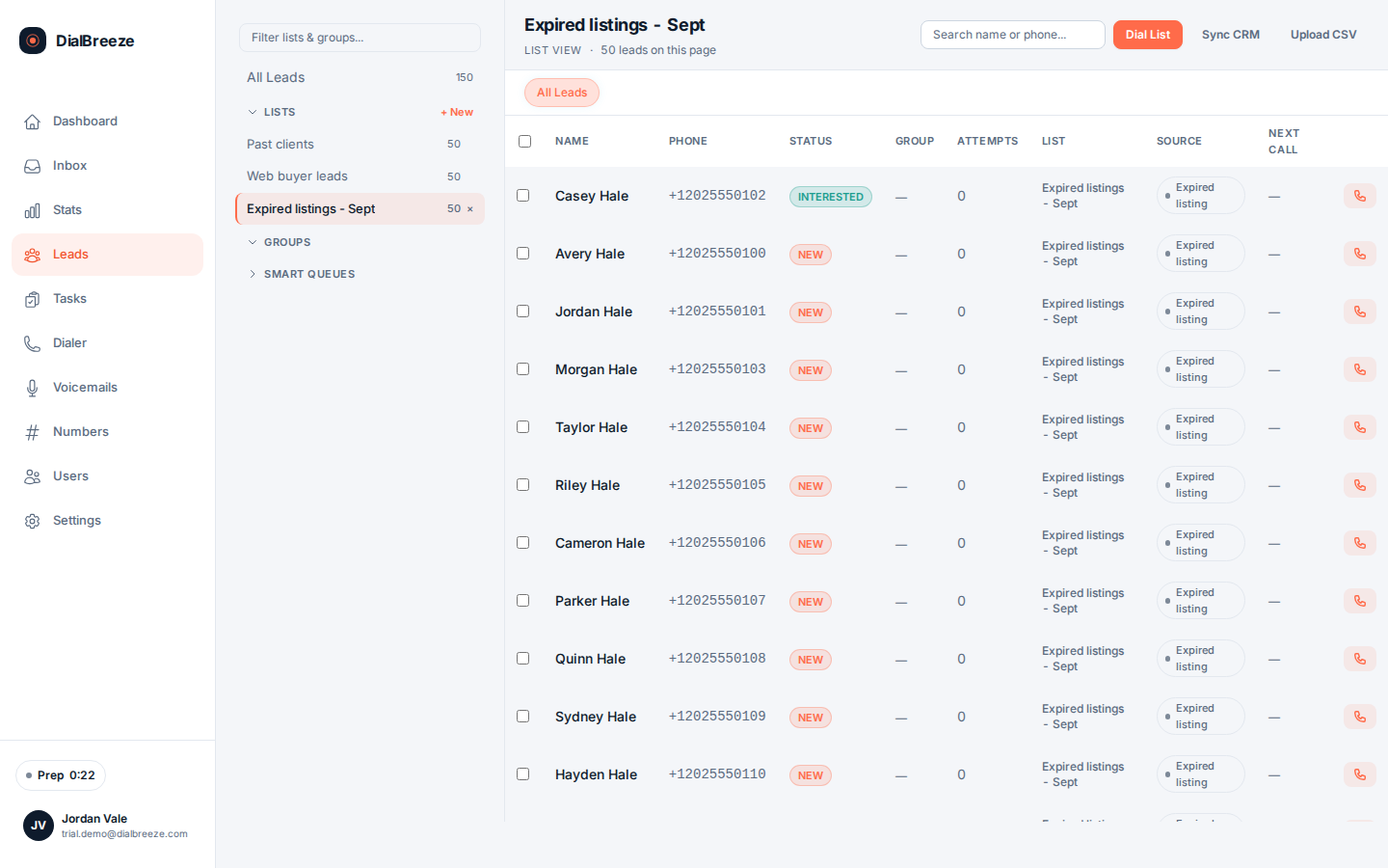 Leads page browsing leads across three lists with the CSV upload control