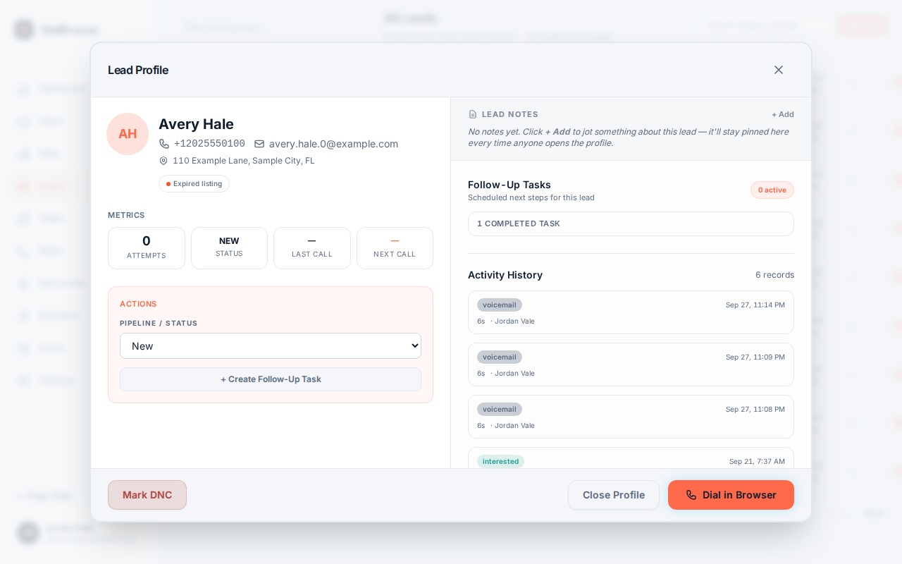 Lead detail view with the AI intent badge, structured score fields and the call summary