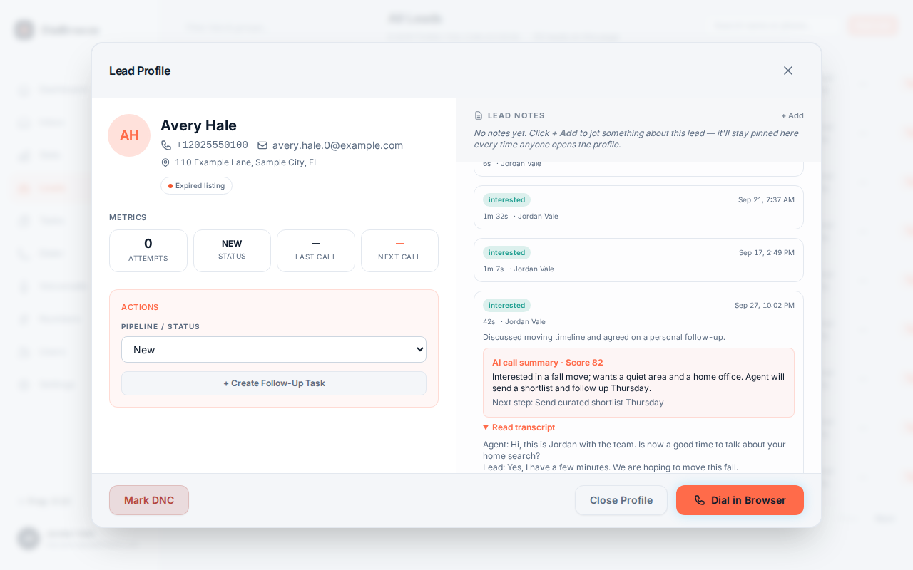 After-call review showing the call transcript beside the playback controls and summary