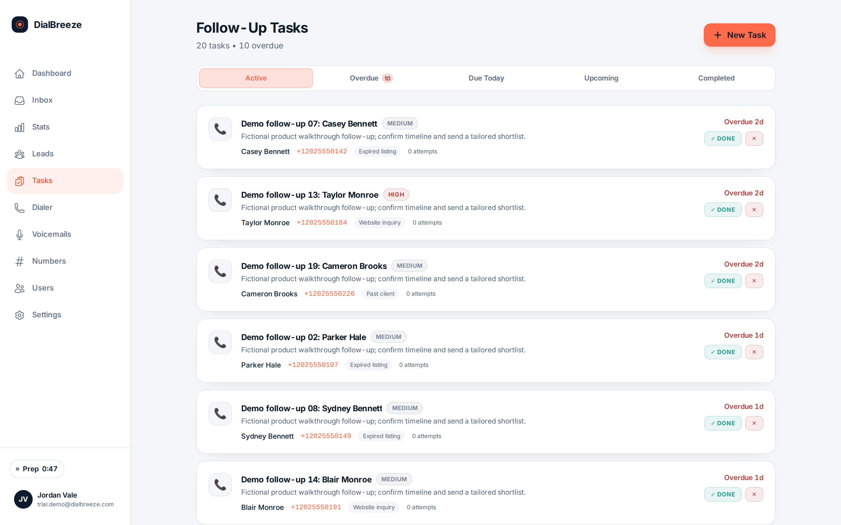 Task list showing follow-ups with due dates, priorities and linked leads